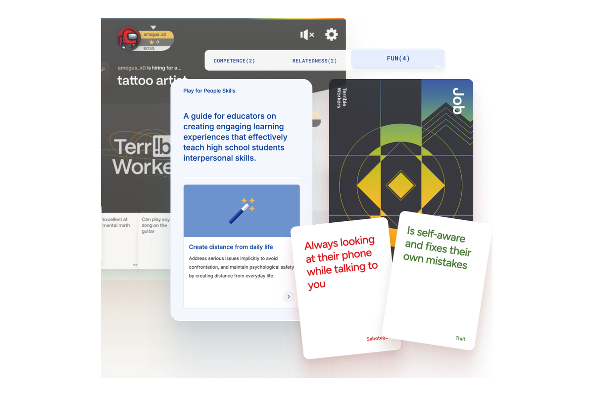 Social game interface showing educational cards and game mechanics for teaching interpersonal skills screen